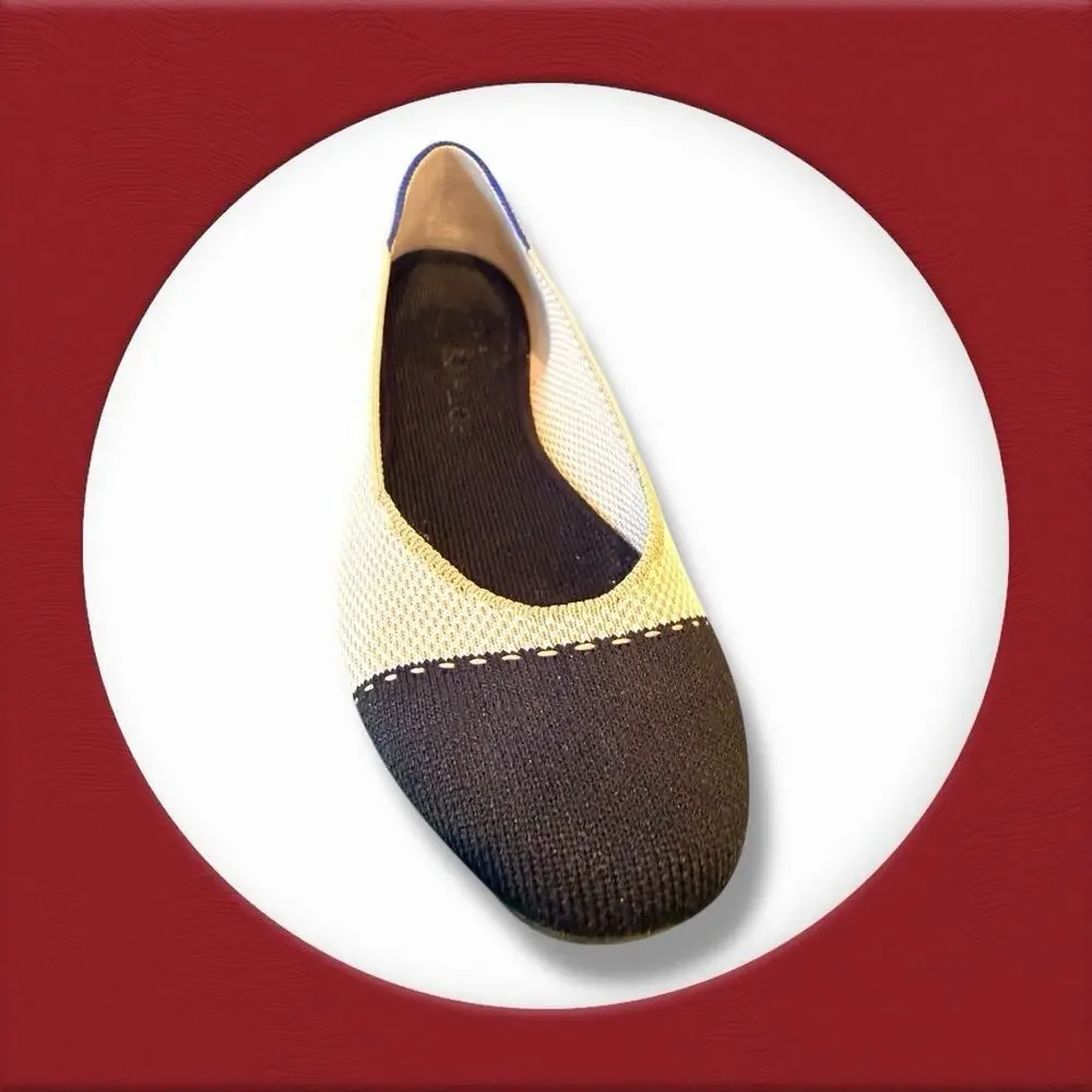 Rothy’s The Square In Tuxedo Size 8 Cream Black Knit Cap Toe Ballet Flats EUC